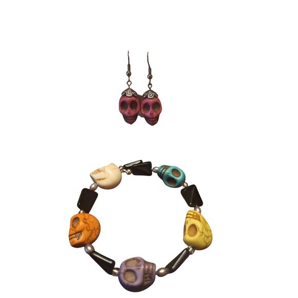 Handmade Beaded Wrap Bracelet & Earrings Colorful Rainbow Skull Set Candy Skull - Picture 4 of 4